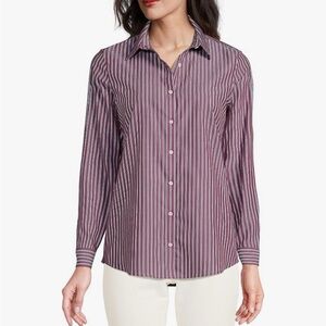 Lands' End Women's No Iron Button Front Shirt Red Navy/Burgundy Stripes